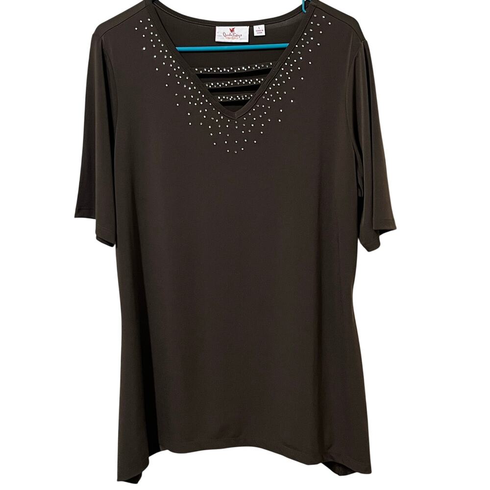 Quacker Factory Women’s Top Sz‎ Large Brown Rhinestones Pull On
